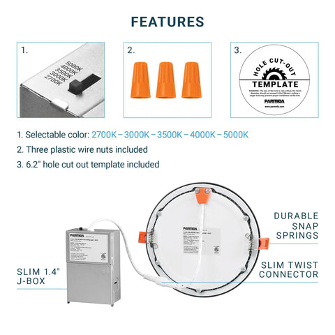 Features of Slick 12 Pack 6 Inch Ultra Thin LED Recessed Lights With J Box 5 Color Temperature Dimmable Canless Slim Panel 2700K To 5000K 12W ETL Listed Oil Rubbed Bronze Finish Easy Install