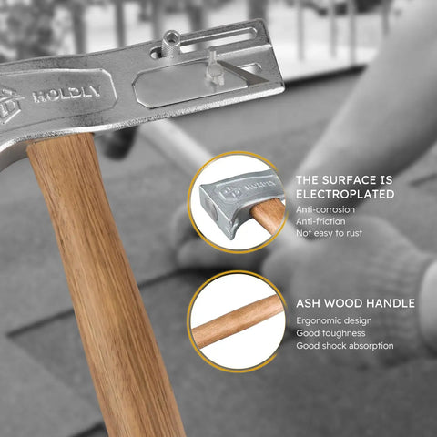 Heavy Duty Magnetic Roofing Hammer For Hands Free Hustle Powerful Nail Magnet Speeds Up Shingle Work Durable Steel Hatchet close-up of electroplated surface and ash wood handle.