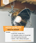 Clamp Lamp With 10 Inch Reflector And Bulb Guard, 300 Watt Bulb, 6 Foot Cord, Heavy Duty Spring Clamp, hanging from wood