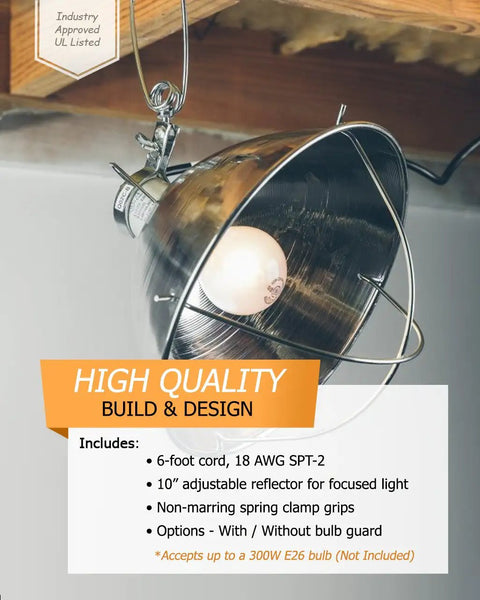 Clamp Lamp With 10 Inch Reflector And Bulb Guard, 300 Watt Bulb, 6 Foot Cord, Heavy Duty Spring Clamp, hanging from wood