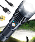 9000 Lumen Rechargeable LED Flashlight Waterproof With 5 Modes Long Battery Life Heavy Duty Aluminum Body Black Everyday Carry
