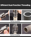 Pipe Threading Tool Set With One Half Inch And Three Quarter Inch Dies For Internal And External Threads Drill Powered Adapter For PVC And Plastic Pipes Must Have Home Repair Kit shown demonstrating threading on pipes.
