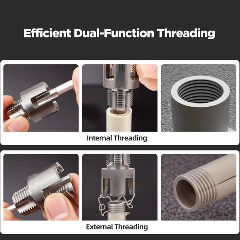 Pipe Threading Tool Set With One Half Inch And Three Quarter Inch Dies For Internal And External Threads Drill Powered Adapter For PVC And Plastic Pipes Must Have Home Repair Kit shown demonstrating threading on pipes.