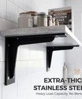Heavy Duty L Shelf Brackets Set in matte black stainless steel floating shelf brackets with 90 degree weld free construction on kitchen wall