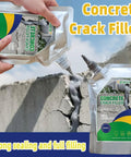 Concrete Crack Filler Self Leveling Sealant For Garages And Patios Deep Penetrating Hairline Repair Kit in hand above cracked concrete.