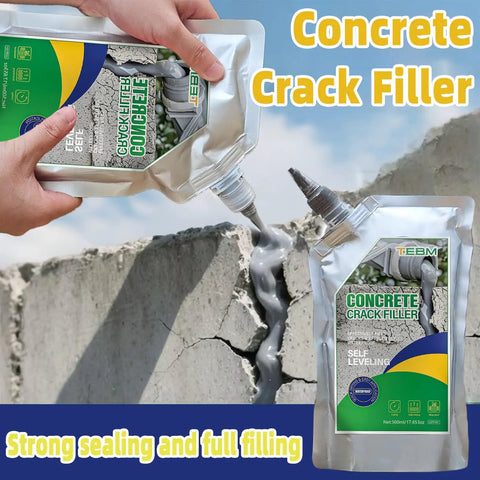 Concrete Crack Filler Self Leveling Sealant For Garages And Patios Deep Penetrating Hairline Repair Kit in hand above cracked concrete.