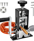 Badass Heavy Duty Wire Stripping Machine, Hand Crank And Drill Driven Cable Stripper, Aluminum Alloy Steel Frame Tungsten Blade, showing detailed components and orange wire.