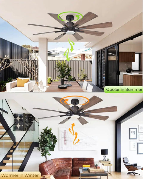 60 Inch Farmhouse Ceiling Fan With Light In Black Remote Control, Beast Airflow With Whisper Quiet DC Motor, Up To 6300 CFM, Energy Saving Up To 75 Percent, Perfect For Living Room, Bedroom, Or Covered Patio on covered patio and living room