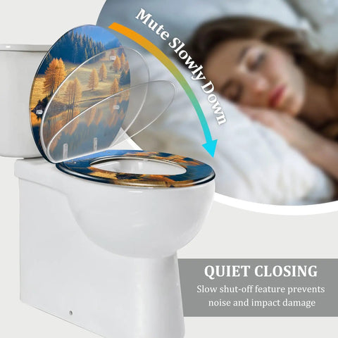 Toilet Seat Round Resin Lake Bathroom with quiet closing feature, showing scenic lake design on a standard toilet.