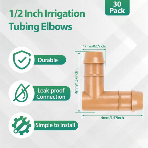 30 Pack Half Inch Drip Irrigation Elbow Fittings Barbed Connectors For Five Eighth Inch And 0.700 Inch Tubing Easy Garden