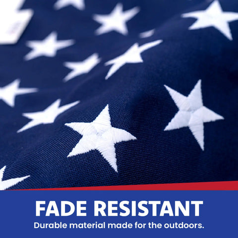 Close-up of embroidered stars on Premium 5x8 American Flag Built Tough For All Weather Outdoors Heavy Duty PolyMax Polyester.