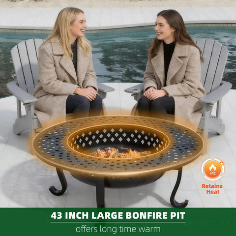 43 Inch Outdoor Wood Burning Fire Pit With Lid And Two Grill Grates Metal Round Table for Patio Use with Two People