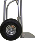 Heavy-Duty Welded Aluminum Hand Truck With P-Handle, 800-Pound Load Capacity, featuring a 10-inch pneumatic tire close-up