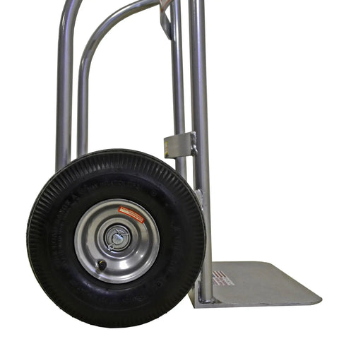 Heavy-Duty Welded Aluminum Hand Truck With P-Handle, 800-Pound Load Capacity, featuring a 10-inch pneumatic tire close-up
