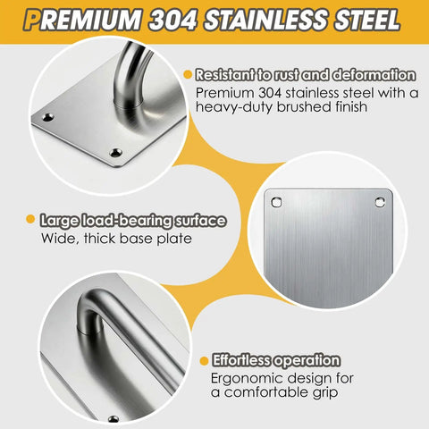 Top Shelf 12 Inch Corrosion Resistant Stainless Steel Door Pull Handle And Push Plate Rounded Safety Edges For Home Entrance Or Business Lobby, close-up of brushed finish and thick base plate.