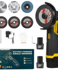 Cordless Brushless Mini Angle Grinder Kit With 3 Inch Grinding Discs 19500 RPM Ultra Lightweight Handheld Cutter Includes Two 12V 1500mAh Batteries And Six Cutting Discs For Metal Tile Concrete DIY Ready with packaging.