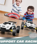 Kids RC Car 1 To 18 Scale Offroad Buggy With 2.4GHz Remote And 2WD Drive racing indoors with children in background.