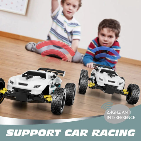 Kids RC Car 1 To 18 Scale Offroad Buggy With 2.4GHz Remote And 2WD Drive racing indoors with children in background.