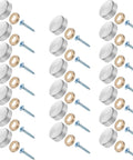Top Shelf Stainless Steel Screw Cover Caps 16Mm Mirror Nails For Furniture And Home Decor Delivering Sleek Chrome Finish And Bulletproof Durability In 20 Piece Pack laid out with screws and washers.