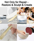16 Oz AB Metal Epoxy Putty used for sculpting and repairing with images of product, application, and sanding process.