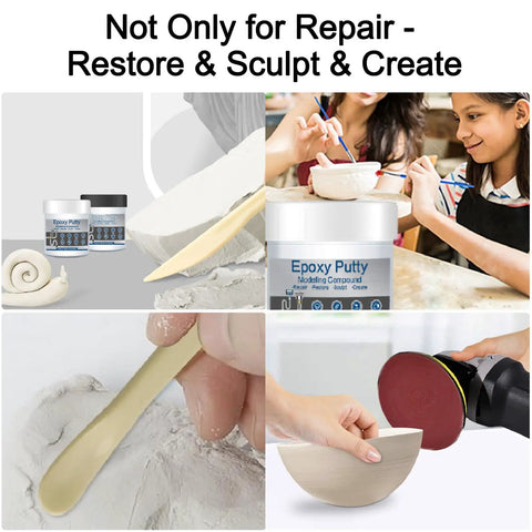16 Oz AB Metal Epoxy Putty used for sculpting and repairing with images of product, application, and sanding process.
