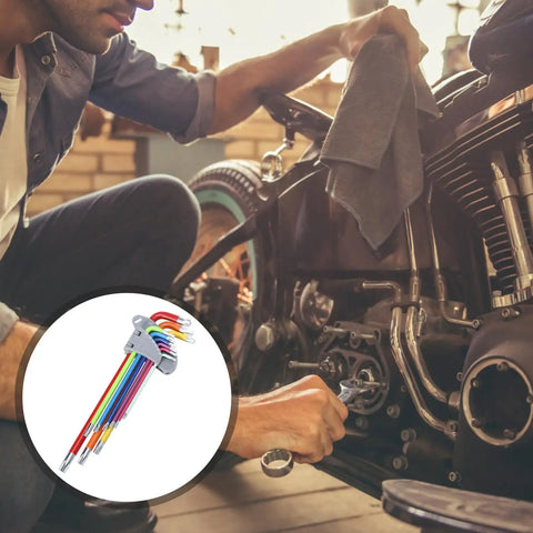 Rock Solid 9 Pcs Colored Hex Key Wrench Set With Long Arms For DIY Repairs And Emergencies, Perfect Multi Function Steel Hand Tools To Spice Up Your Toolkit And Save Time On Any Job Around The Shop Or Garage, on motorcycle repair