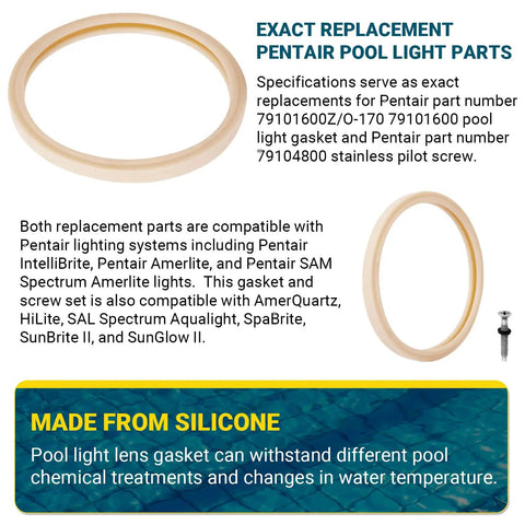 8 3/8 Inch Pool Light Lens Gasket And Stainless Pilot Screw Replacement Kit For Pentair 79101600Z 79104800 Easy Fit Plug And Play IntelliBrite AmerLite And SAM Amerlite Lights Heavy Duty Waterproof Seal silicone gasket and screw