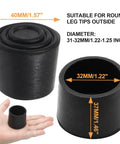 Tough As Nails Black PVC Rubber Furniture Leg Sleeves, Pack Of 16, snug 32mm fit, shown with size dimensions and hand for scale.