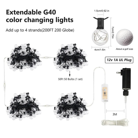 Outdoor String Lights 50 Ft Waterproof With 50 Plus 2 Shatterproof G40 LED Bulbs Color Changing Dimmable Remote Controlled Connectable Patio Lights For Pergola Backyard Party Easy Install