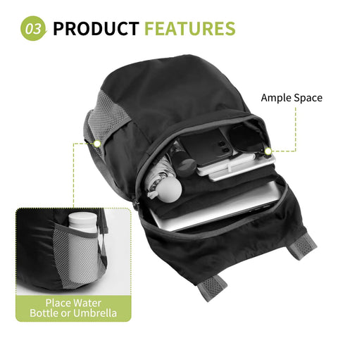 Open 20L Ultra Lightweight Hiking Daypack showing storage capacity with water bottle holder and compartments for electronics.
