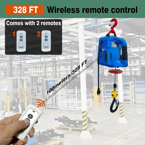 Dremvoist 3 In 1 Electric Hoist Winch 1100 Lbs Pulling Power With Wireless Remote Control 26 Ft Lifting Height for easy lifting in a factory setting.
