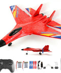 Red SU27 RC Plane For Adults And Kids with controller and accessories, shown in durable EPP foam, demonstrates realistic flight model.