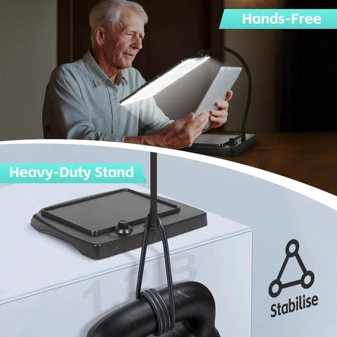 Lighted Magnifying Glass With Stand For Reading And Crafts Large 9 By 6 Inch Viewing Area 48 Ultra Bright LEDs 360 Degree Gooseneck Hands Free Magnifier For Close Work, showing hands-free use.