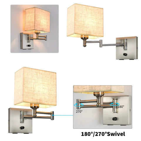 Dimmable Wall Sconce With Swing Arm 7.1 Inch Reading Light Plug In Wall Lamp With Dual USB Ports, flexible swivel in action.