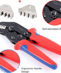 Heavy Duty Ratcheting Crimping Tool With Interchangeable Jaws For Heat Shrink Connectors And Wire Terminals shown with ergonomic handles and jaw inserts.