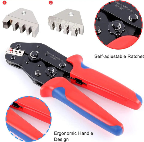 Heavy Duty Ratcheting Crimping Tool With Interchangeable Jaws For Heat Shrink Connectors And Wire Terminals shown with ergonomic handles and jaw inserts.