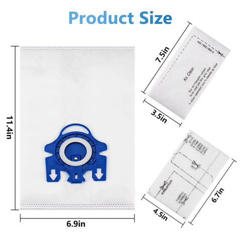 12 Pack Replacement Vacuum Bags For Miele GN Series With 3D AirClean Filters showing product dimensions and measurements.
