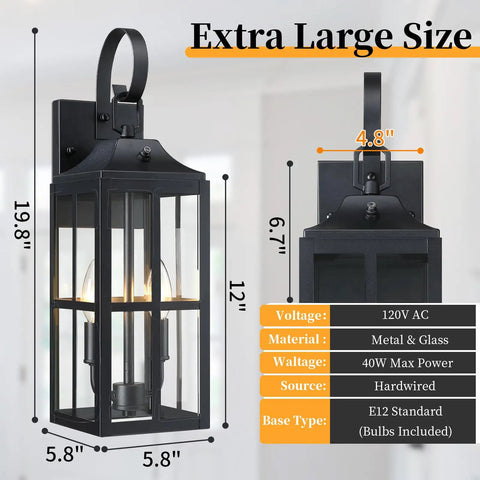 Bdrofn 2 Pack 19" Large Outside Modern Wall Sconce Light Fixture Dusk to Dawn, showing size and materials, black metal and glass.