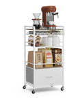 Modern White Coffee Bar Cabinet On Wheels With Ample Storage And Drawer 5 Tier Coffee Station Cart 33.6 Inch High Mobile Liquor Buffet Sideboard For Home Kitchen displaying coffee machine and supplies