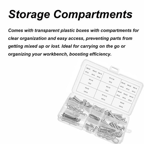 122 Piece Stainless Steel Cotter Pin And R Clip Set With 15 Cotter Pin Sizes And 9 R Clip Sizes in transparent organizer box