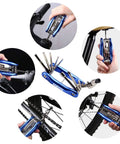 10 In 1 Bike Repair Kit with Tire Levers Glueless Patches Bone Wrench Chain Breaker and Waterproof Saddle Bag in use on bike.
