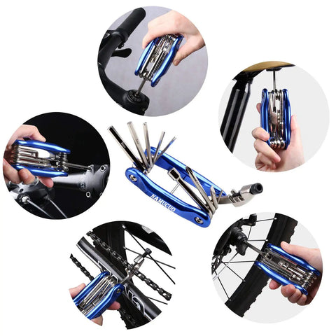 10 In 1 Bike Repair Kit with Tire Levers Glueless Patches Bone Wrench Chain Breaker and Waterproof Saddle Bag in use on bike.