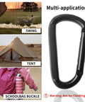 Heavy Duty 3 Inch Carabiner Clip For Hammocks And Gear D Shaped Spring Hook Clip For Camping Hiking Keychains Dog Leash Harness And Key Ring 880 Lbs Black Pack Of 2 shown with swing, tent, schoolbag applications.