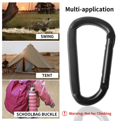 Heavy Duty 3 Inch Carabiner Clip For Hammocks And Gear D Shaped Spring Hook Clip For Camping Hiking Keychains Dog Leash Harness And Key Ring 880 Lbs Black Pack Of 2 shown with swing, tent, schoolbag applications.