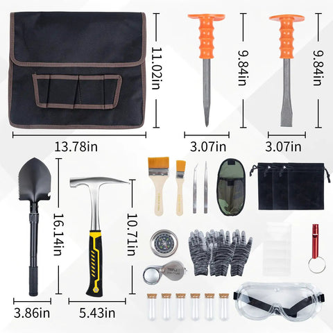 Geology Rock Hammer Kit 25 Piece Set With Pro Grade Chisels Folding Shovel Safety Gear Gold Panning Accessories and Tools