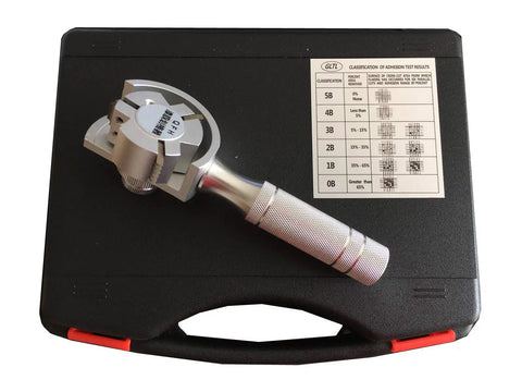 Cross Hatch Adhesion Tester Kit With Rotating 3 Blade Head And Comprehensive Test Result Chart on black case
