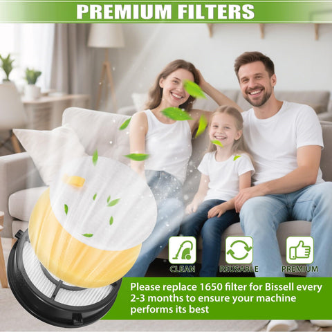 Family sitting on couch with Pet Hair Eraser Vacuum Filter Replacement For Pro Plus 1650 Series and 2790 2281 2475 2817