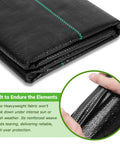 Close-up of Heavy Duty Weed Barrier Landscape Fabric 3x100ft 3.2oz Garden Cloth Ground Cover showing folded black material with green stitching.