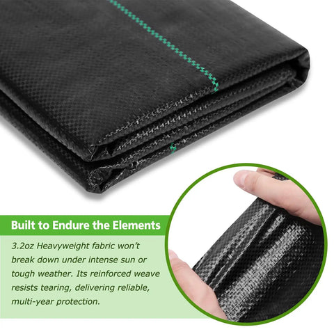 Close-up of Heavy Duty Weed Barrier Landscape Fabric 3x100ft 3.2oz Garden Cloth Ground Cover showing folded black material with green stitching.