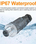 10 Pack M12 4 Pin Aviation Connector A Code Male IP67 Waterproof Plug shown in water, highlighting its waterproof feature